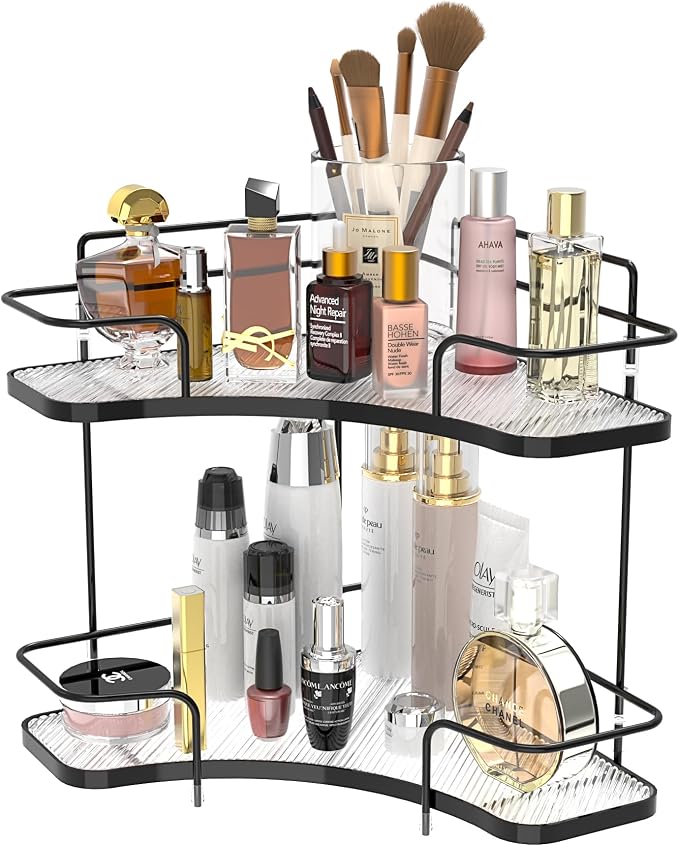 2 Tier Corner Bathroom Counter Organizer, Corner Makeup Organizer | Vanity, Perfume, Skincare Organizers, Kitchen, Bathroom Counter Storage, Tool-Free Assembly, Space-Saving, Black by FOLLOWIN