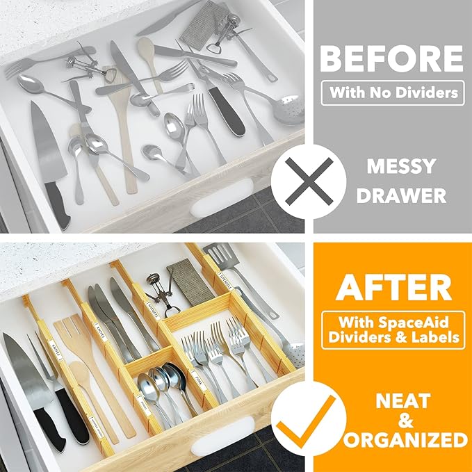 SpaceAid Bamboo Drawer Dividers with Inserts and Labels, Kitchen Adjustable Drawer Organizers, Expandable Organization for Home, Office, Dressers, 4 Dividers with 9 Inserts (17"-22" Natural) - Image 2