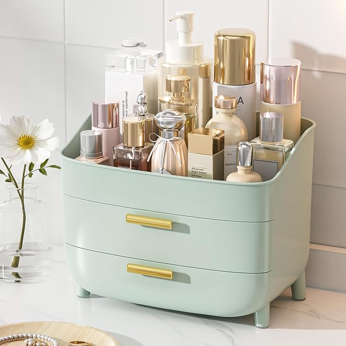 Vtopmart 3-Tier Skincare Makeup Organizer with Drawers, Green | For Vanity and Bathroom Countertop, with Drawers, Large Cosmetic Storage Box Case, , Non-Slip Base by Vtopmart
