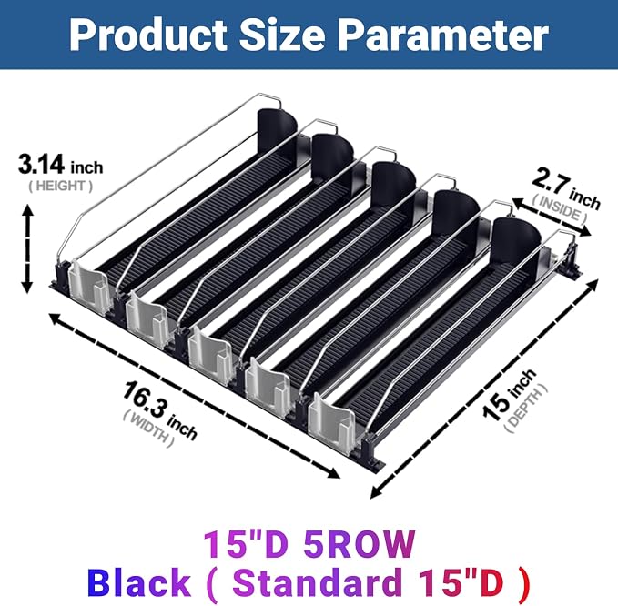 Drink Organizer for Fridge,12oz 16oz 20oz - Soda Can Dispenser for Refrigerator,Width Adjustable,Automatic Pusher Glide (Black, 15" D 5ROW, Holds 25 Cans) - Image 2