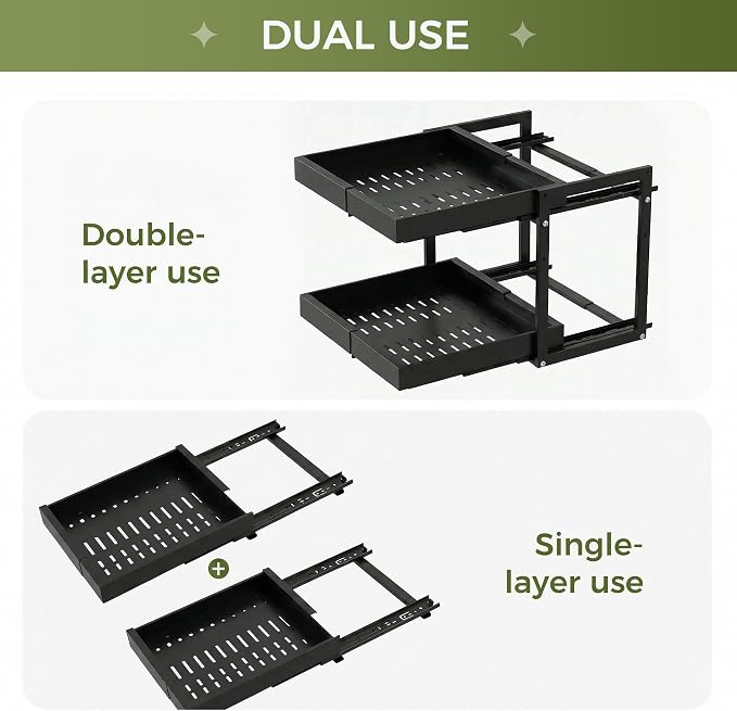 Abalter Expandable Pull Out Cabinet Organizer,2-Tier Slide Out Drawer for Kitchen Cabinets,Adjustable Width 12–18.5",Slide Out Shelves for Kitchen Countertop, Bathroom, Pantry, Heavy Duty Caddy(Black) - Image 5
