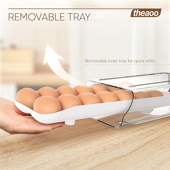theaoo Egg Holder for Fridge, Automatic Rolling Egg Container, White, 2Pack | Quick Removable Inner Tray For Easy Egg Loading. Stackable Egg Dispenser For Refrigerator Storage And Organization - Image 4