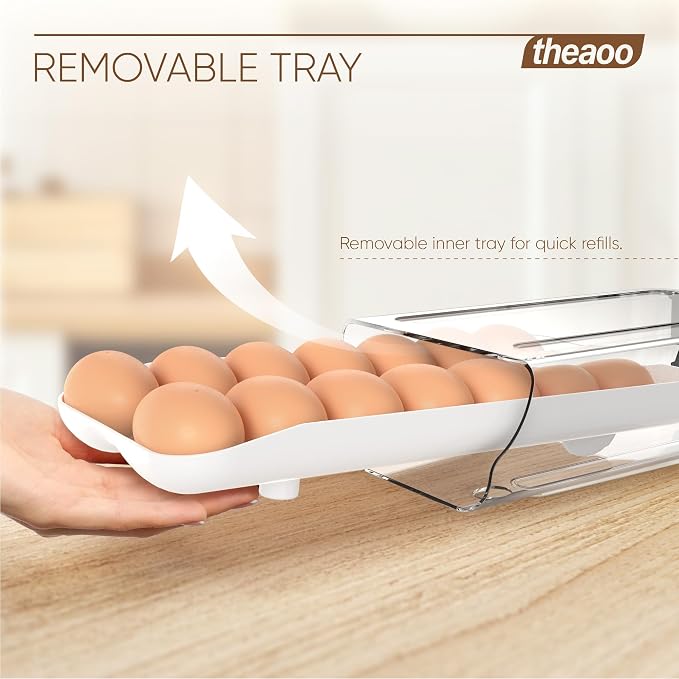 theaoo Egg Holder for Fridge, Automatic Rolling Egg Container, White, 1Pack | Quick Removable Inner Tray For Easy Egg Loading. Stackable Egg Dispenser For Refrigerator Storage And Organization - Image 4