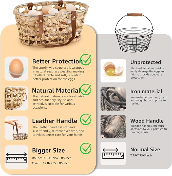 Egg Baskets for Collecting Fresh Eggs Farmhouse Handmade Wicker Hyacinth Egg Collecting Basket with Handle - Image 5