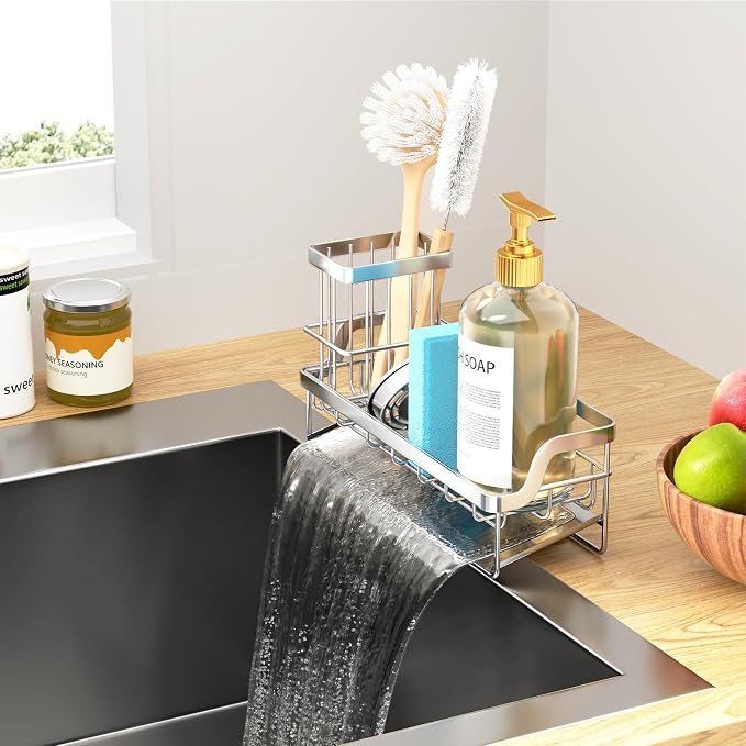 Consumest Sponge Holder for Kitchen Sink - Sink Caddy with Stainless Steel Self Drain Tray, Sink Organizer with High Brush Holder Countertop for Kitchen Sink Accessories, Black-Extra Large - Image 8