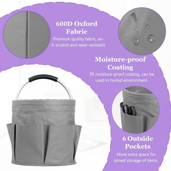 17L Collapsible Cleaning Supplies Caddy with Handle for Travel, Dark Gray | IHOMAGIC 600D Oxford Bucket Tool Organizer, Cleaning Tote with 6-pockets, Portable Storage Basket for Home, Hotel, Restaurant - Image 8