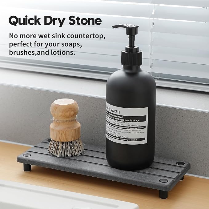 Sink Caddy Kitchen Sink Organizer, Water Absorbing Stone Tray for Sink,Diatomite Bathroom Counter Tray,Faucet Drying Mat Protector Coaster Soap Dish Rack Riser Vanity Dispenser Sponge Holder,10" x 4" - Image 2