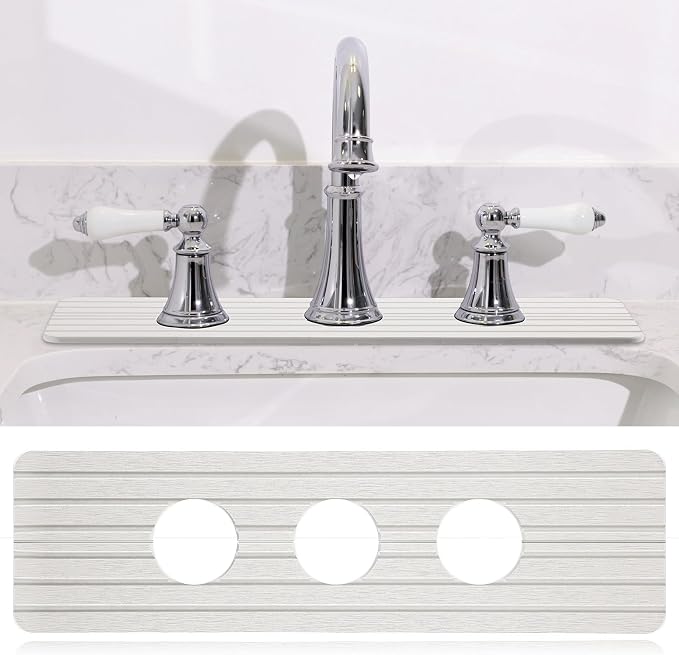 Teenyyou 3 Square Hole White Faucet Mat Kitchen Sink 16.14" x 4.49" | Bathroom Faucet Absorbent Mat,Diatomite Splash Guard,Quick Drying Drip Catcher,Hole 1.97",Holes Spaced About 1.97" by Teenyyou