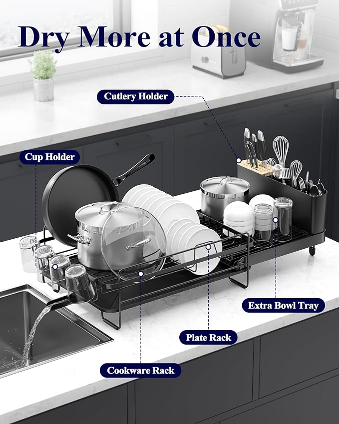 Kitsure Extendable Dish Drying Rack, 19.2"-26.7" L x 12.9" W, Black | Large Dish Rack, Multifunctional Dish Rack for Kitchen Counter, Anti-Rust Dish Drainers with Cutlery & Cup Holders - Image 2
