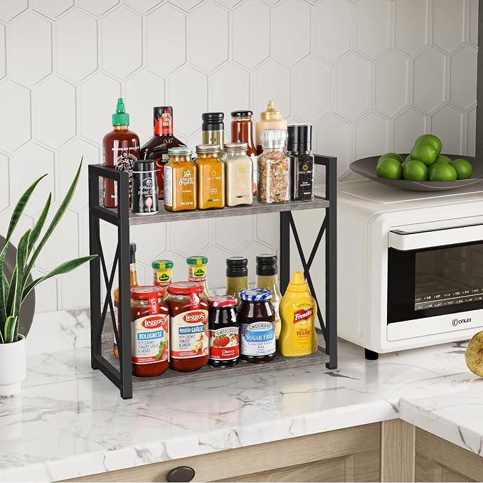 YINMIT Kitchen Countertop Organizer,Spice Rack,Coffee Bar Shelf Organizer | 2-Tier Coffee Station,Seasoning Storage,Syrup,Mug Cup,Bottle Holder,Bathroom Vanity,Pantry,Bedroom and Office,Grey,Large - Image 4