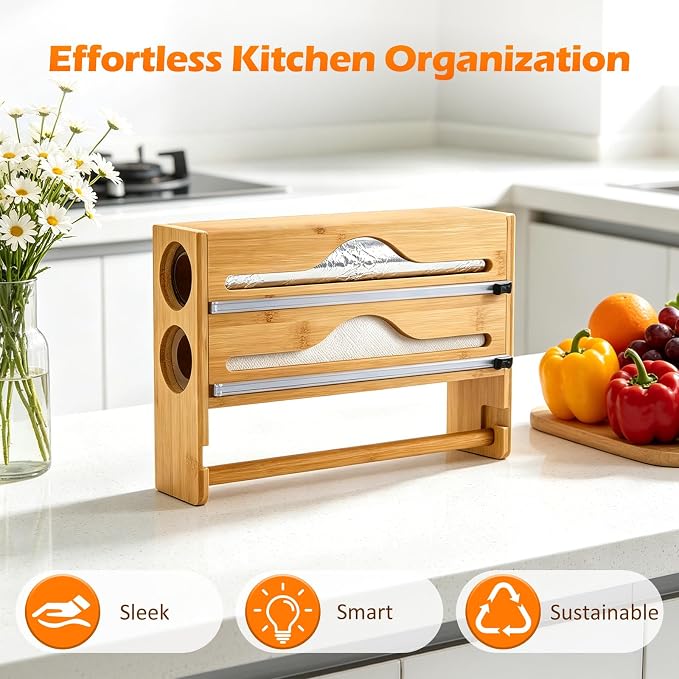 Plastic Wrap Dispenser with Cutter, 3 in 1 Tin Foil Wrap Dispenser Wall-Mounted Organizer for Baking Paper, Wax Paper Holder Kitchen Storage Box (Wood) - Image 7