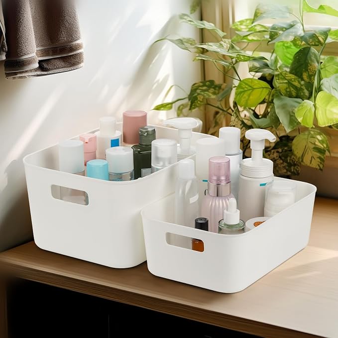 Peohud 5 Pack White Plastic Storage Bins, Pantry Organization and Storage Baskets with Handles, Open Plastic Storage Container for Home, Kitchen, Office, Shelves, Cabinet, Under Sink Organizer - Image 6