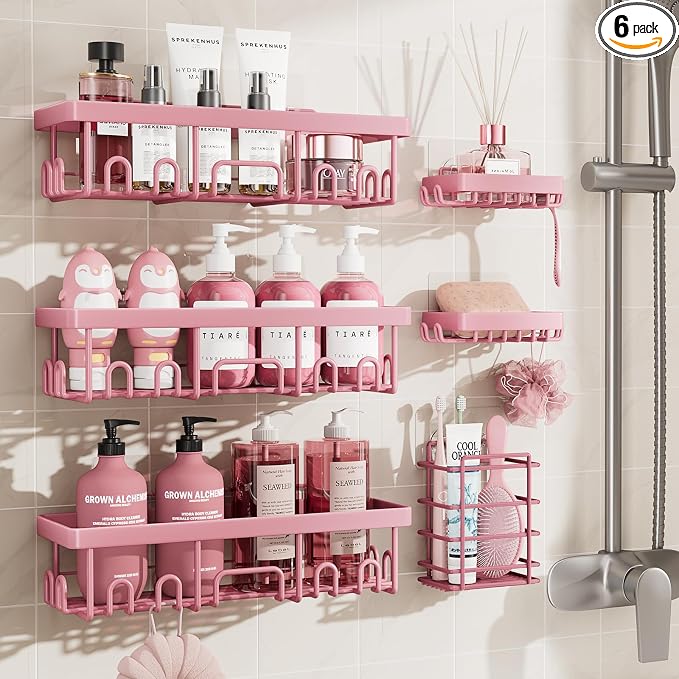 Veken Large Capacity Shower Caddy 6-Pack, No Drilling & Rustproof, Adhesive Shower Shelves with Soap Holder, Bathroom Organizers and Storage, Wall-Mounted Kitchen & Home Decor, Pink by Veken