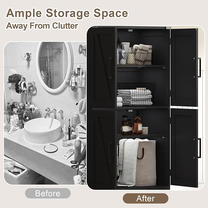 Treocho Farmhouse Bathroom Floor Cabinet with Adjustable Shelves | 13.78"D x 23.62"W x 43.46"H, Freestanding Kitchen Pantry Cabinet, Cupboard for Living Room, Dining Room, Black - Image 4