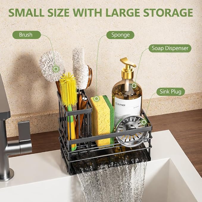 Cisily Sink Caddy Sponge Holder for Kitchen with Brush Holder and Stainless Steel Self Drain Tray, Rustproof Kitchen Sink Organizer for Sponge, Soap Dispenser Storage Accessories - Image 6