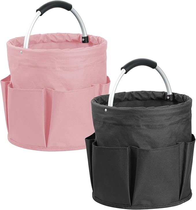 2Pcs 17L Cleaning Caddy with Handle, 600D Oxford Garden Tool Bag,Black+Pink | IHOMAGIC Cleaning Supplies Caddy with 6-Pocket, Water-Resistant Tool Bucket Organizer, Storage Basket for Family, Dorm, Hotel by IHOMAGIC