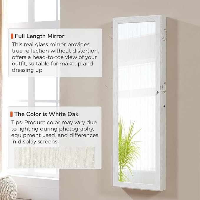 GISSAR Jewelry Mirror Armoire Wall Mount Over The Door Mirror Jewelry Cabinet Storage Mirror Organizer Lockable Full Length Door Mirror(White Oak) - Image 2