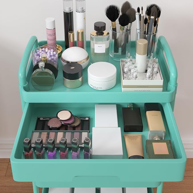 Calmootey 3-Tier Utility Cart with Drawer & Wheels, Storage for Home,Office | Space-Saving Organizer, Sturdy Plastic Shelves, Smooth-Rolling Metal Wheels, Built-in Drawer for Small Items, Green - Image 9