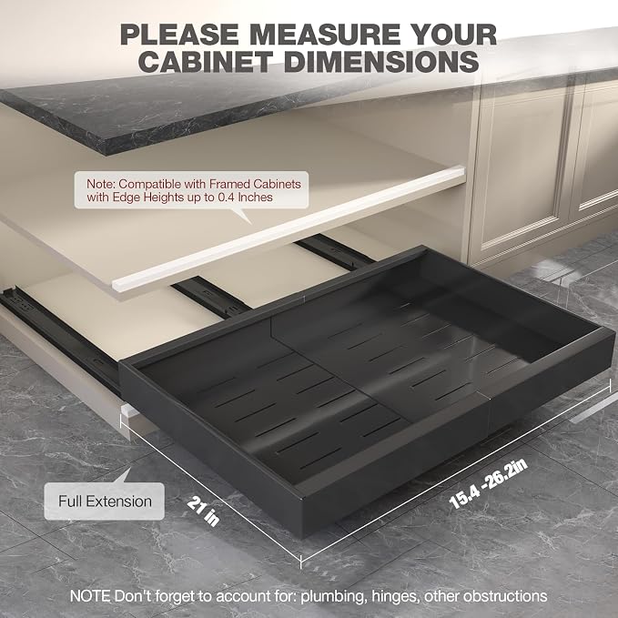 Seinloes 4 Pack Pull Out Cabinet Organizer 21" Deep,Full Extension 3 Slide Rails Slide Out Drawers With Raising Pad for Framed Cabinets,Expandable Width (15.4"-26.2"),No Drill Roll Out Shelves,Black - Image 6