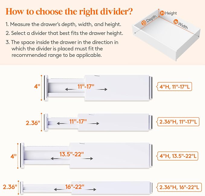 Lifewit 2.36" Upgrade Kitchen Drawer Dividers, Adjustable Drawer Organizer | 11"-17" Expandable White Drawer Separator for Clothes/Utensils, Dresser/Cabinet/Closet/Nursery Organization & Storage, 8 Pack - Image 3