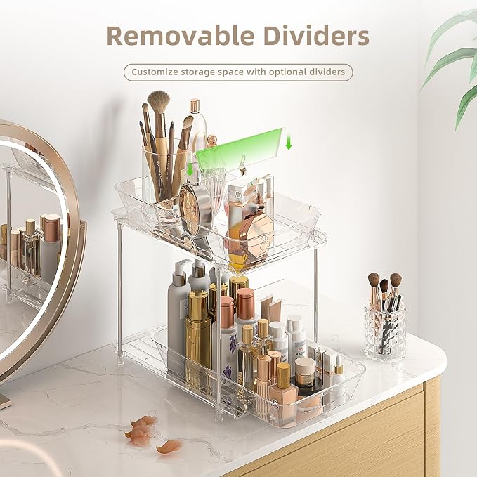 2-Pack 2-Tier Under Sink Organizer with Pull Out Drawers | Multi-use kitchen & bathroom storage. Includes hanging hooks and cups. transparent, space-saving cabinet design. 12.8 Inch - Image 4