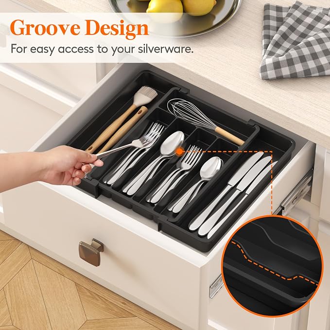 Lifewit Expandable Silverware Organizer, Plastic Utensil Tray for Kitchen Drawer, BPA Free Flatware Cutlery Holder, Space-Saving Storage for Spoons Forks Knives, 8-13.8 x 11.2 x 1.4 inch, Black - Image 7