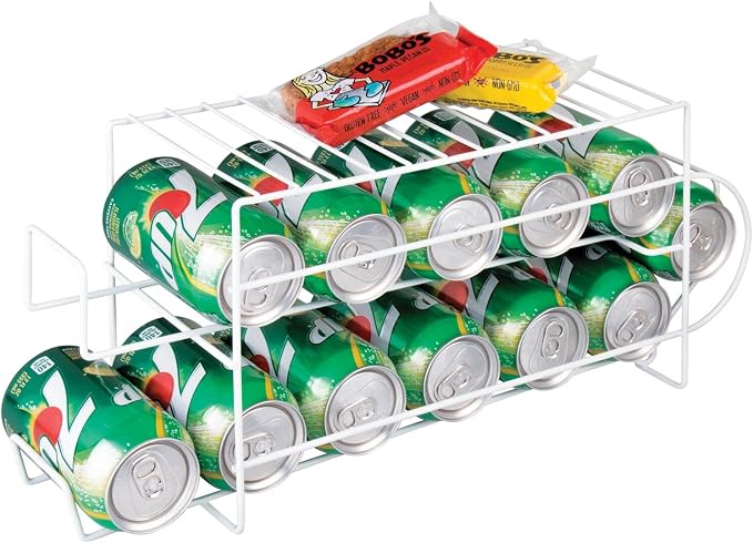 mDesign 2-Tier Metal Wire Standing Pop/Soda and Food Can Dispenser Storage Rack Organizer with Top Shelf for Kitchen Pantry, Countertop, Cabinet - Holds 12 Cans - 2 Pack - White - Image 3