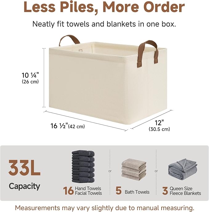 StorageWorks Closet Storage Bins, Storage Baskets for Shelf, Beige, 2-Pack | Large, With Reinforced PU Handles, Metal Frame, Collapsible, Basket for Shelves, Closet, Holds Clothes, Towels, Blankets - Image 6