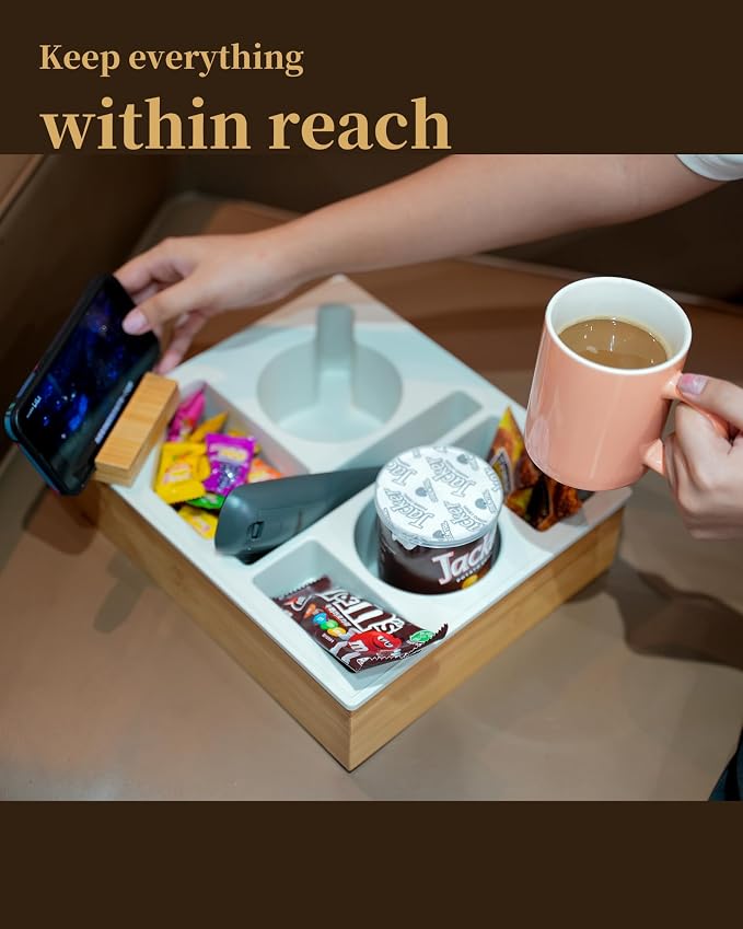 Couch Cup Holder Tray, Handy Silicone Bamboo Couch Caddy with Rotatable Phone Holder for Bed Car Seat Organizer, Waterproof Anti-spill Sofa Cup Holder for Snacks Beverage Remote (Gray) - Image 6