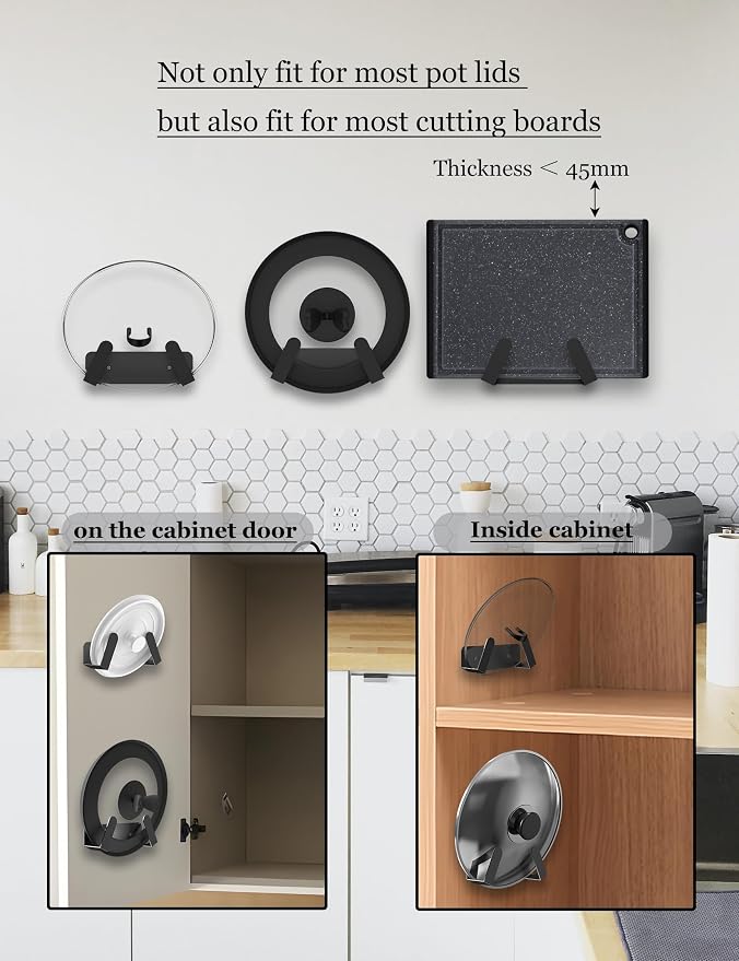 Pot Lid Organizer, 2 Pack Lid Holders Inside Cabinet, (Black) | Pot Lid Storage Wall Mount Rack, Pan Lid Organizer Fit for Cutting Board Wall Mount Lid Holder Fixed by Adhesive or Screw - Image 4