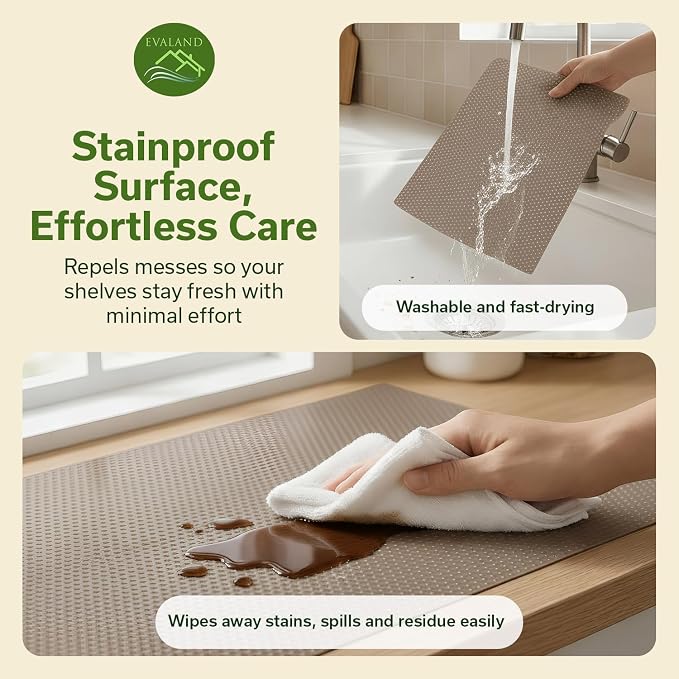 EVALAND Shelf Liner Cabinet Liner Non-Adhesive Drawer Liner 12 in x 33 FT | Non-Slip, Washable, Waterproof, Fridge Liners, Contact Paper, Shelf Liners for Cabinets, Kitchen, Refrigerator, Beige - Image 5