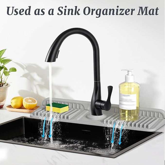 PoYang 17.7 Inch Faucet Mat for Kitchen Sink Splash Guard, Light Grey | Sink Protectors with 7° Slope for Smooth Drainage, Snap Button Holds It in Place, 90° Foldable & Cuttable Hole Fit Most Sinks - Image 6