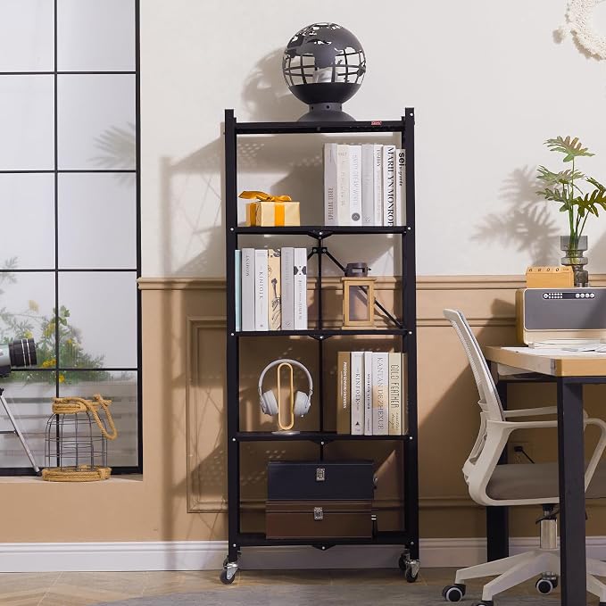 DEANIC 5-Shelf Folding Bookcase with Wheels, Rolling Bookshelf Heavy Duty Storage Shelves, Freestanding Metal Wire Shelving Unit for Living Room, Office, Kitchen, Basement, Pantry (Black) - Image 2
