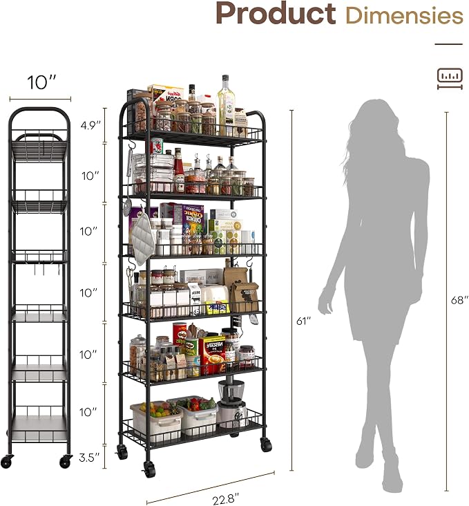 6 Tier Slim Storage Cart with Wheels, Metal Mobile Shelving Unit Organizer Utility Cart for Office Bathroom Kitchen Laundry Room Narrow Places (10inches) - Image 5