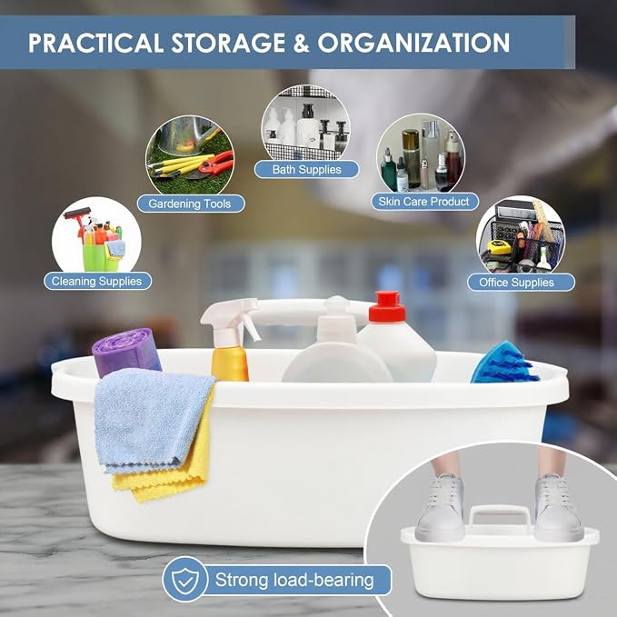 2 Pack Cleaning Supply Caddy with Handle, Portable Shower Caddy Organizer Plastic Basket with Handle, Stackable Tool Storage for Bathroom, Garden, Kitchen, Home Organization, White - Image 5