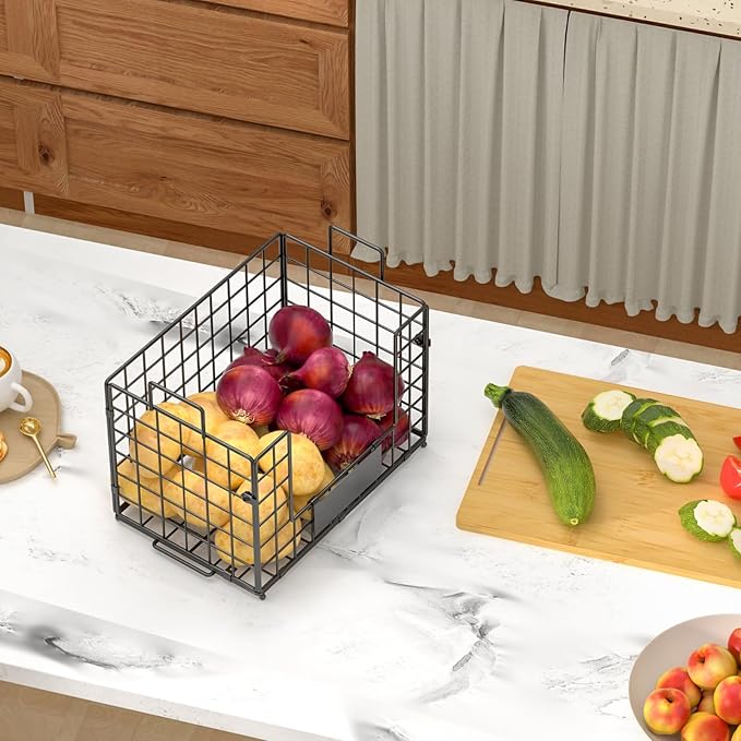 2-Pack Stackable Wire Baskets with 2 Pads & Bamboo Top, Pantry Organizer | Potato and Onion Storage Bin with Labels, Organize Produce/Fruit/Vegetable on Kitchen Counter, Cabinet or Under Sink, XL - Image 9