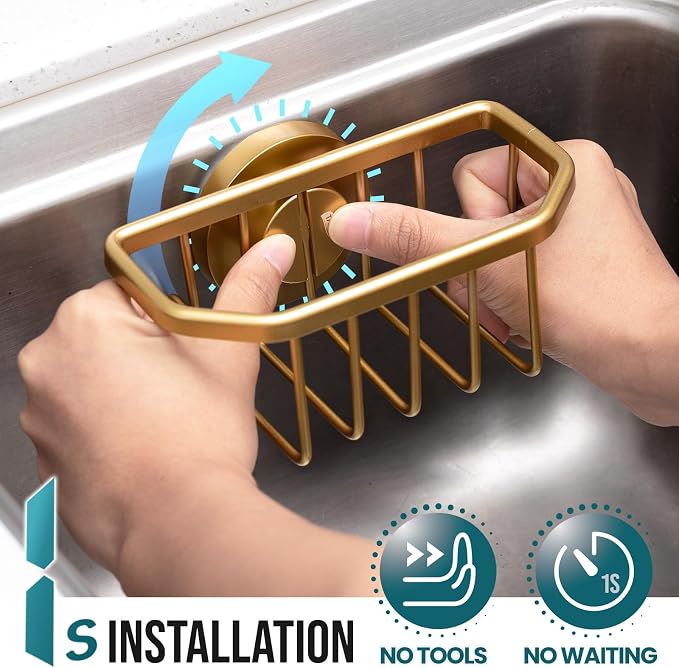 TAILI Sponge Holder for Kitchen Sink with Suction Cup-Gold, Aluminum | Rustproof Aluminum Sink Caddy for Sponges,Brushes,Stoppers & Scrapers,Removable Ventilated Quick-dry Design, holds Up 11lbs - Image 2