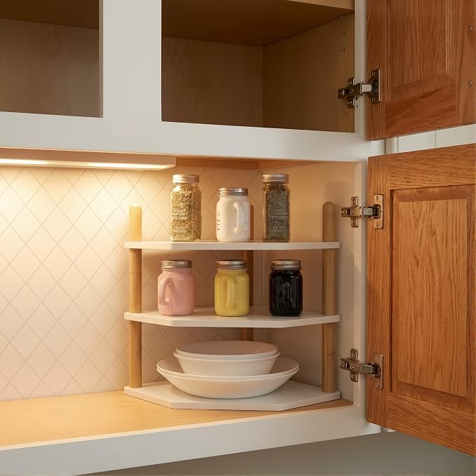3-Tier Bamboo Corner Shelf, Kitchen Countertop Storage Organizer, Cabinet Plate Rack for Pantry Organization, Bathroom, Desktop, 9.4 x 9.4 x 11.4 Inch - Image 2