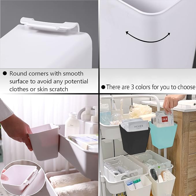 6 Pack Hanging Cup Holder for Rolling cart Accessories Hooks Little Hanging Buckets Hanging Storage Bins Craft Supplies for Rolling Utility Cart Slim Storage Cart (White) - Image 6