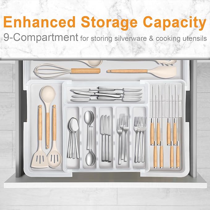 Silverware Organizer for Kitchen Drawer, Expandable Utensil Drawer Organizer with 2 Knife Block, Flatware and Cutlery Holder, Adjustable Plastic Storage for Spoons Forks Knives - Image 4