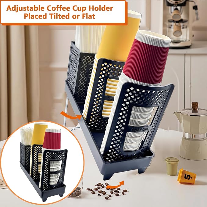 Coffee Cup Holder, Paper Cup and Lid Holder Dispenser with Straw Organizer,3-Slot Upright Disposable Plastic Coffee Cup Dispenser for Stations, Kitchens, Bars, Restaurants, Lounges (Black) - Image 3