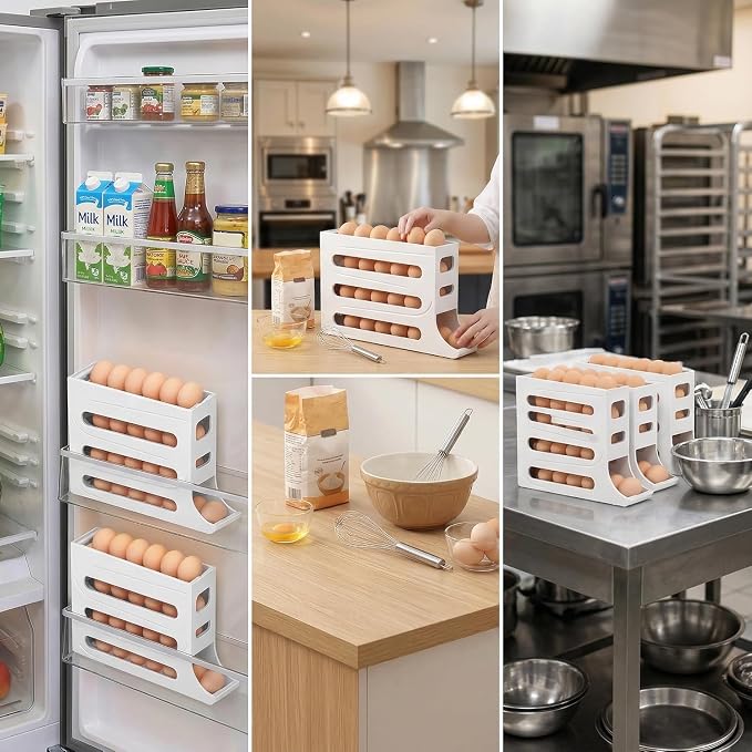 28 Egg Holder for Fridge, 4-Tier Auto Rolling Egg Organizer for Refrigerator, Gravity Slide Dispenser Rack, Space-Saving Storage (White) - Image 7