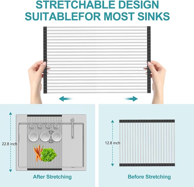 BBXTYLY Extra Large Expandable Roll Up Dish Drying Rack,Over The Sink Drying Rack Sink Cover Kitchen Sink Accessories Kitchen Rolling up Stainless Steel Drainer, Foldable,Rollable（Black，22.8''-17.3''） - Image 6