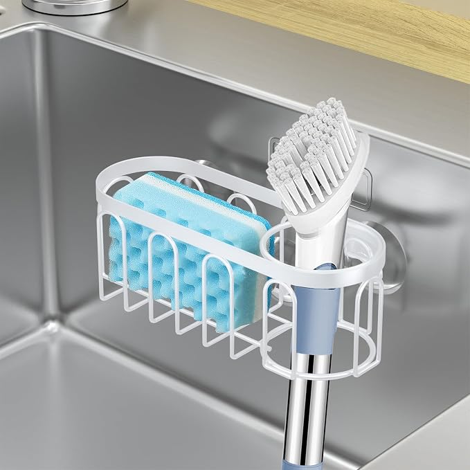 2-in-1 Sponge Holder for Kitchen Sink, Sink Caddy Kitchen Sink Organizer with 3 Suction Cups, No Drill Rustproof Sink Sponge Holder for Dish Brush, Soap & Sponge (White) - Image 5