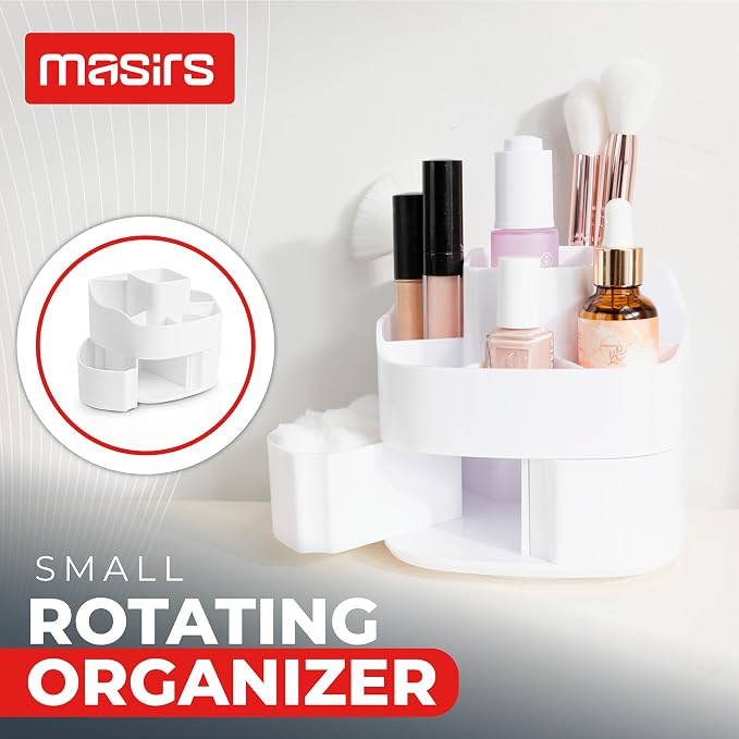 Masirs Small 360 Rotating Makeup Organizer, 5 Compartments, Square White | Small 360 Rotating Makeup Organizer, 5 Compartments, Acrylic Mini Lazy Susan, Vanity Bathroom Counter, Square White - Image 2