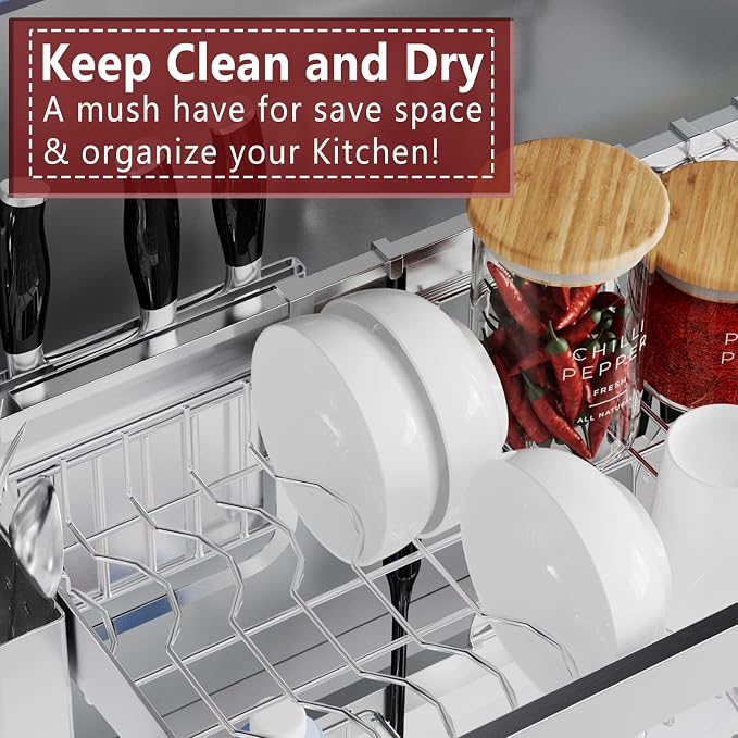 VNKZI Over Sink Dish Drying Rack, 2 Tier Full Stainless Steel Storage Adjustable Length (25.98'' to 36.61'') Kitchen Rack, Multifunctional Expandable Counter Organizer, Space Saver Dish Rack - Image 5