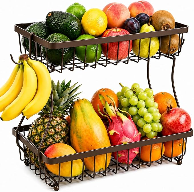 2-Tier Fruit Basket for Kitchen Counter with 2 Banana Hangers | Large Metal Fruit Bowl, Versatile Holder for Veggies, Produce Storage, 12.5"×7.5"×12"-Bronze by Unknown