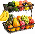 2-Tier Fruit Basket for Kitchen Counter with 2 Banana Hangers | Large Metal Fruit Bowl, Versatile Holder for Veggies, Produce Storage, 12.5"×7.5"×12"-Bronze by Unknown