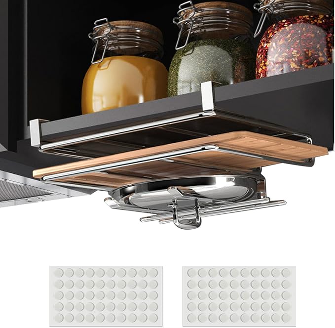 Under Cabinet Cutting Board Organizer, Stainless Steel 2 in1 Pot Lid & Chopping Board Rack, Cutting Board Storage, Kitchen Pot Lid Holder, Under Cabinet Shelf for Home Kitchen Utensils, Paper Towel by riergift