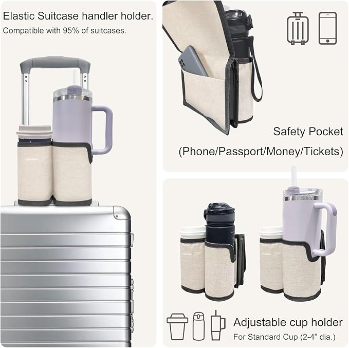 2 in 1 Luggage Cup Holder for Suitcase Airplane Drink Carrier Off-White | Airplane cup holder|Portable|for stanley cup|Hands Free|Coffee Beverage Organizer Gifts for Travelers - Image 3